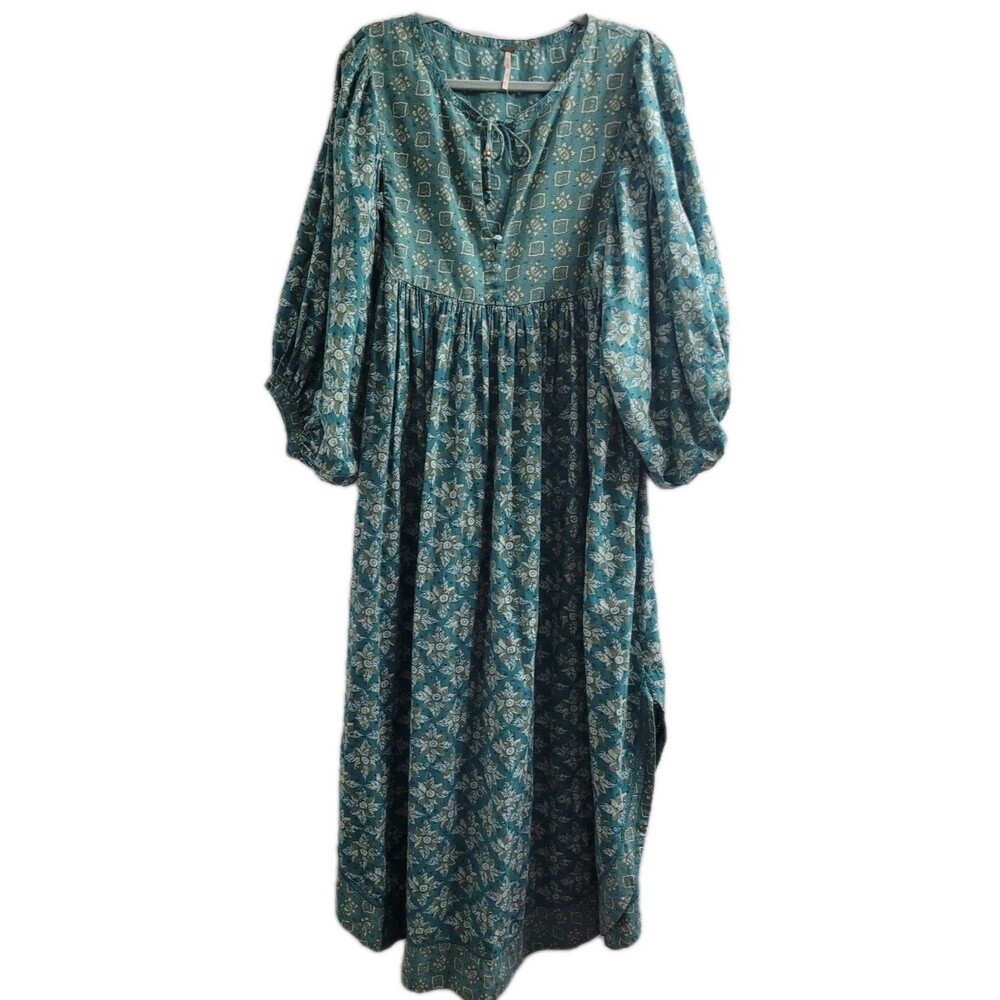 Free People Hazy Maisy Slouchy Maxi Dress Small Teal Floral Balloon Sleeve Boho